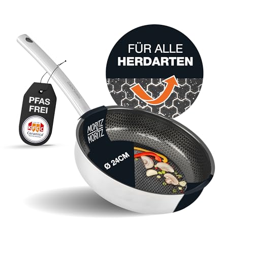 Moritz & Moritz Edelstahlpfanne Wabenstruktur 24cm mit Keramikbeschichtung der neuesten Generation - für alle Herdarten geeignet - Antihaft Pfanne mit geradem Rand zum Kochen, Braten und Schmoren