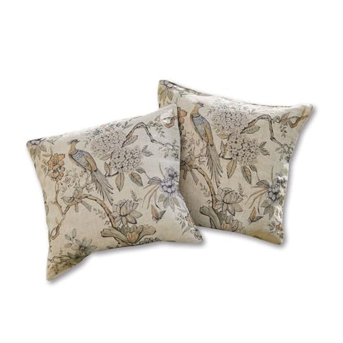 Loberon Kissenhülle 2er Set Lorry, französisches Toile de Jouy-Muster mit Pfau, weiche Haptik, Romantik-Look, Kissenbezug, Wohntextilien, Wohn-Accessoires, Leinen, beige