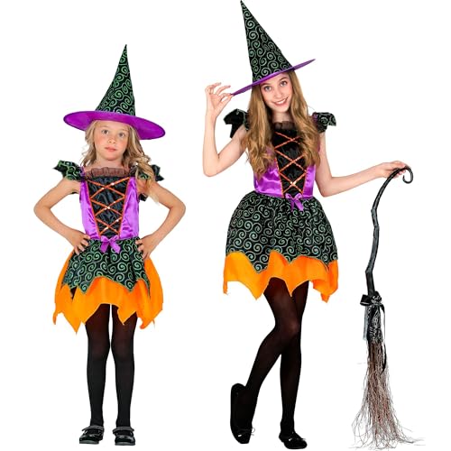 Widmann - Kinderkostüm Hexe, 2-teilig, Kleid und Hut, Mehrfarbig, Märchen, Kostüm, Verkleidung, Mottoparty, Karneval, Halloween