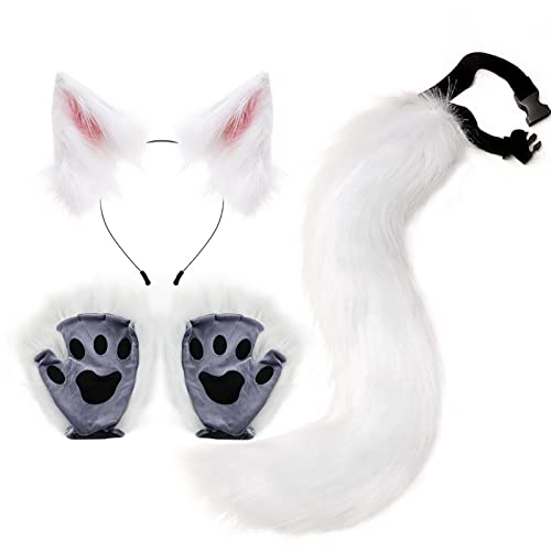 Handschuhe-Schwanz-Set, 280 G Tragbare Wolf-Fuchs-Pelzohren, Einfach Zu Tragendes Kostüm, Flauschiger Fuchsschwanz, Wolf-Kostüm-Verkleidung Für Pelzige Fuchs-Accessoires, Erwachsene, Frauen Und Ausgef