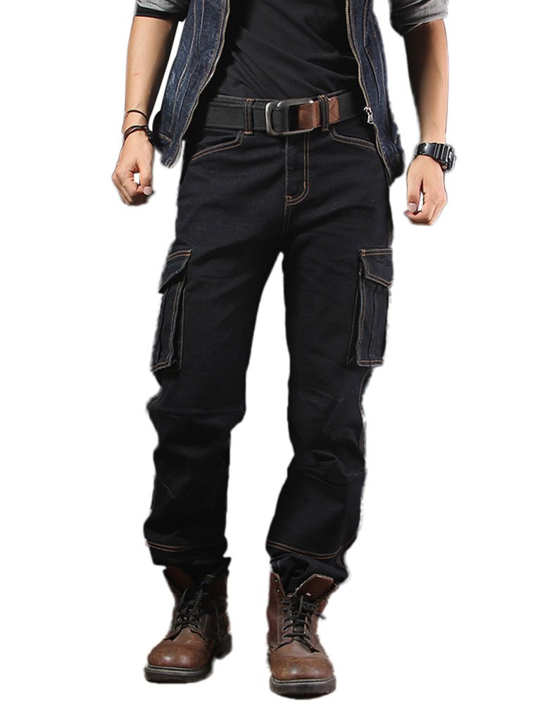 Idopy Casual Motorrad Workwear Multi Pockets Denim Biker Cargo Jeans Hosen Schwarz 36