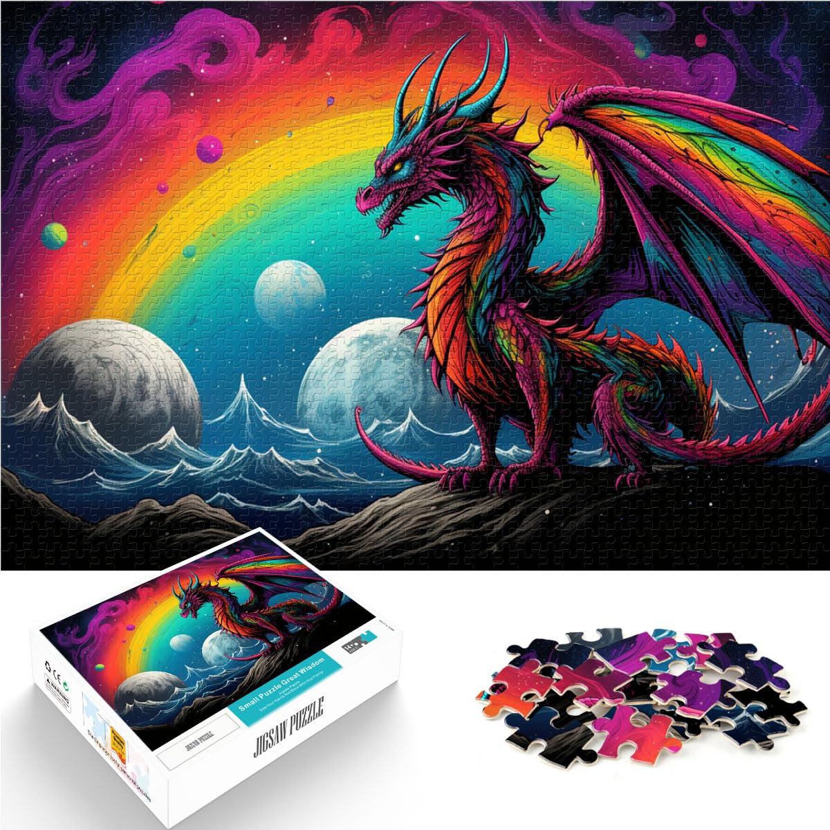 Puzzle, Puzzle „Drache sitzt im Regenbogen auf dem Planeten“, 1000-teiliges Puzzle für Erwachsene, Holzpuzzle, Familienpuzzlespiel, 1000 Teile (50 x 75 cm)