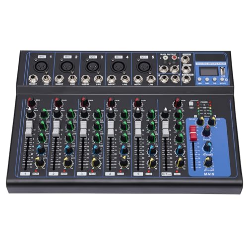 7 Kanal Audio Mischpult Konsole Verstärker USB DJ Live Mixer Studio Bluetooth 6 Musikmodi Natürlich/Pop/Rock/Jazz/Klassik/Land für Aufnahmestudio DJ Mixer Konsole Stereoanlage Streaming