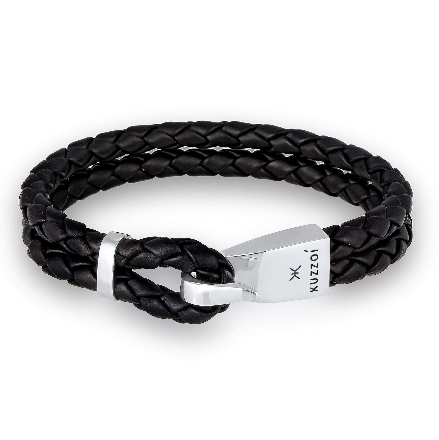 Kuzzoi Armband Herren Lederarmband in schwarz, Armschmuck aus Leder geflochten, Leder Armband in Braided-Optik, Maskuliner Hacken- Verschluss aus 925 Sterling Silber, 13 mm breit, Länge 19 cm