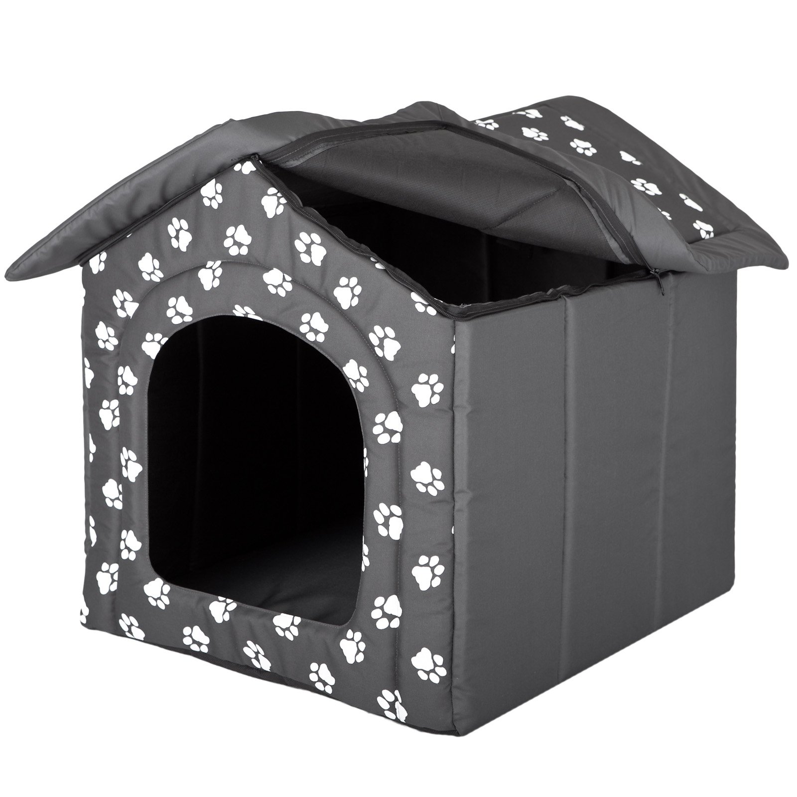 millybo Hundehöhle Hundebett Hundehaus Hundehütte R1-R6 (R3 (52 x 46 cm), grau mit Muster (Pfötchen))