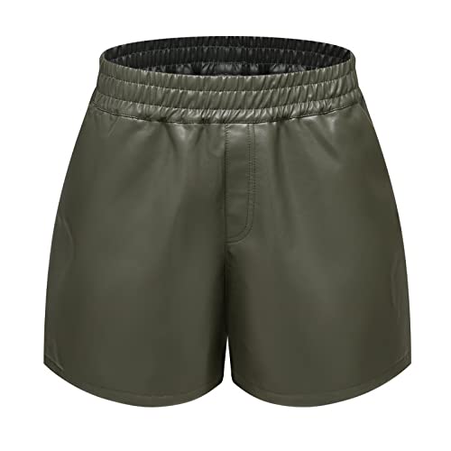 Übergröße 3XL Damen Hohe Taille Sexy Kunstleder-Shorts, Taschen Weite Bein-Shorts, lässige Baggy-PU-Leder-Shorts (Grün, XXL)