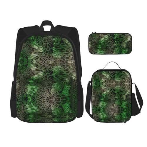 WURTON Grüne Schlange Druck Rucksack Set Schule Buchtasche mit Mittagessen Tasche Federmäppchen Kombination Schultaschen Set