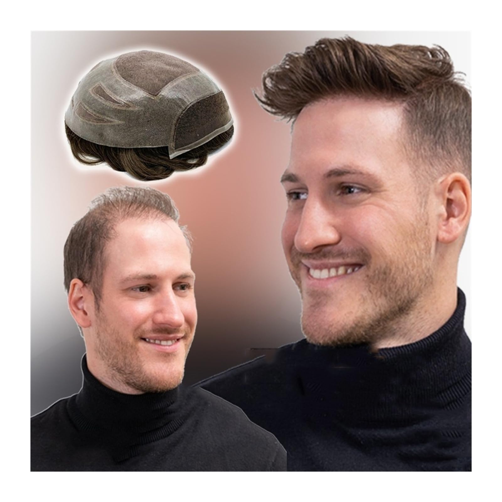 Toupet für Männer Haarersatz Systeme Strapazierfähige Herren-Haarprothese, Remy-Echthaarsystem, 25,4 x 20,3 cm, weiche Mono-Spitze und PU-Basis, Herren-Toupet, atmungsaktive, leicht gewellte Haarteile