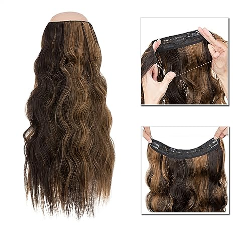 Clip-in-Haarverlängerungen Synthetische Haarverlängerungen, 50,8–61 cm, unsichtbarer Draht, künstliche Haarverlängerungen, 4 Clip, gefälschtes, falsches, langes, gewelltes Haarteil, blond, for Damen C