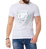 Cipo & Baxx Herren T-Shirt Glänzend Neondruck Strasssteinen Kurzarm CT720 Weiß L