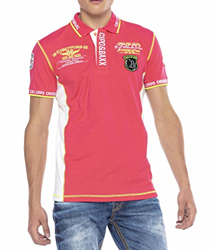 Cipo & Baxx Herren Poloshirt Kontrastfarben Prints Badges Freizeit Baumwolle Shirt CT605 Fuchsia XL