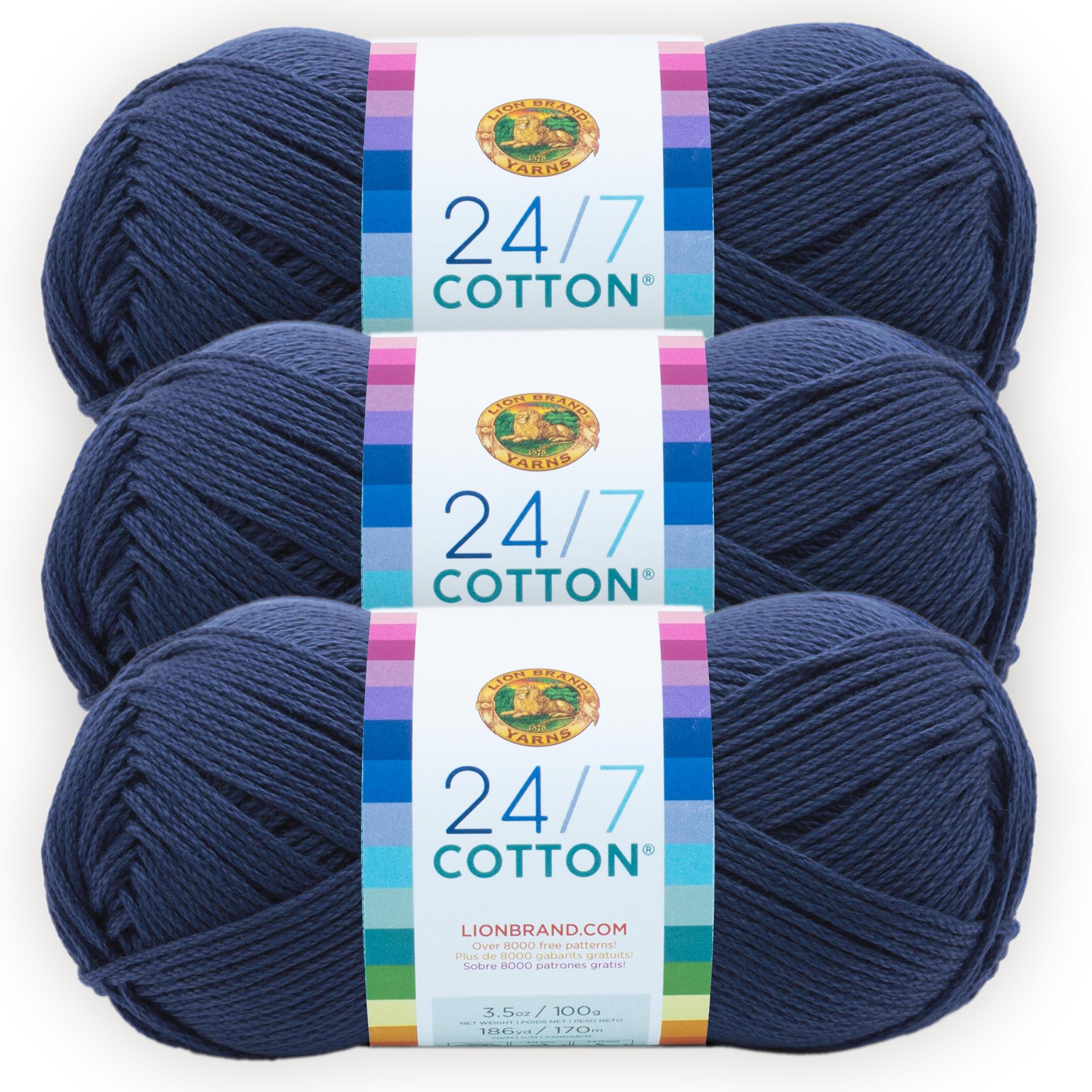 Lion Brand 24/7 Baumwollgarn, Garn zum Stricken, Häkeln und Basteln, Navy 3er Pack