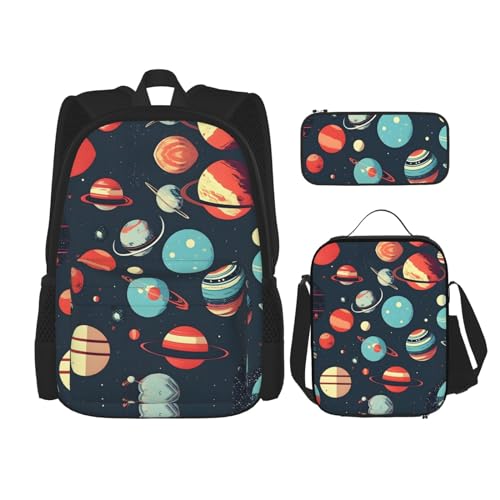 YQxwJL 3-in-1-Rucksack-Büchertaschen-Set, violetter Pfauenmuster, lässiger Reiserucksack, mit Federmäppchen, Lunchtasche, Weltraumplanet, Einheitsgröße