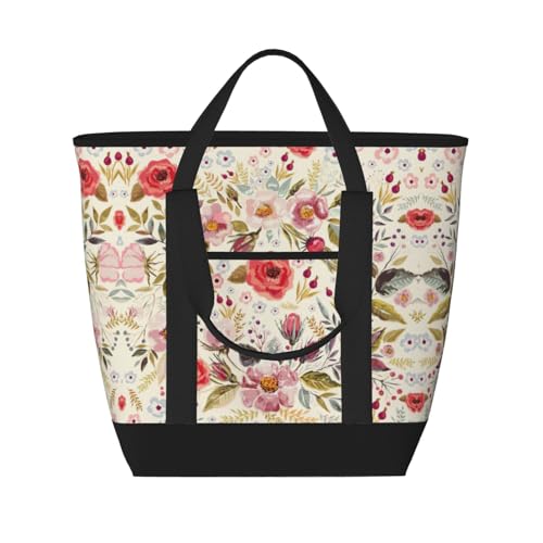 YQxwJL Rustikale Tragetasche mit Rosen-Motiv, großes Fassungsvermögen, isolierte Lunchtasche, wiederverwendbare Einkaufstasche mit Reißverschluss für Damen und Herren