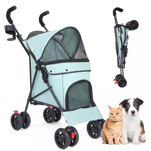 KKXXYQFC Haustier-Kinderwagen, Katzen-Hunde-Kinderwagen, 4-Rad-einfach zusammenklappbarer Welpenkäfig-Jogger-Kinderwagen mit Getränkehalter für kleine Katzen, Hunde, Welpen, Mintgrün