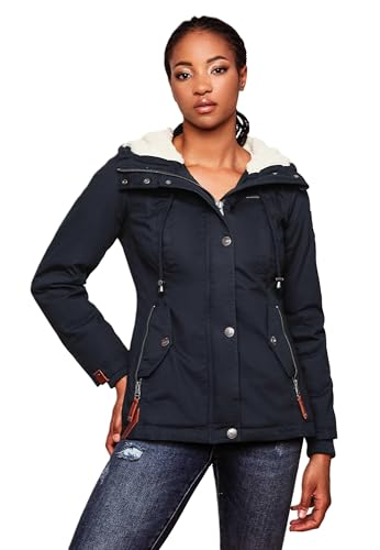 MARIKOO warme Damen Winter Jacke Teddyfell gefütterte Winterjacke B802 [B802-Bik-Navy-Gr.S]