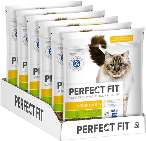 PERFECT FIT Adult Trockenfutter für erwachsene, sensitive Katzen ab 1 Jahr - Truthahn, 750g (6 Beutel)