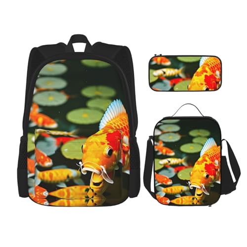 YQxwJL 3-in-1-Rucksack-Büchertaschen-Set, orangefarbener Sonnenblumen-Druck, lässiger Reiserucksack, mit Federmäppchen, Lunchtasche, Japanischer hübscher Koi-Fisch, Einheitsgröße