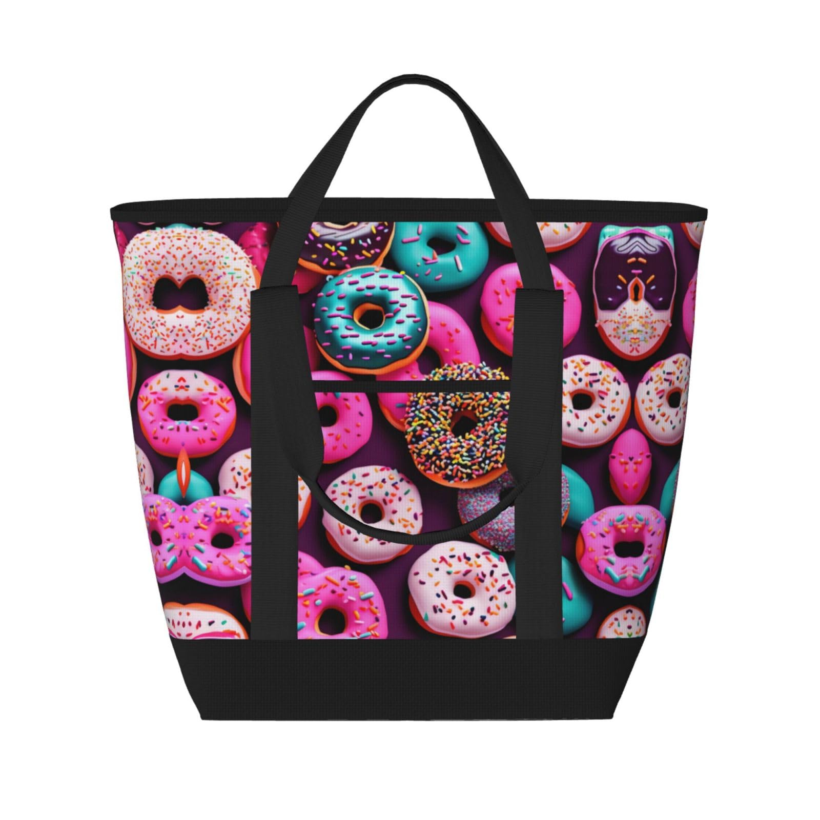 YQxwJL Isolierte Kühltasche mit Donut-Druck, großes Fassungsvermögen, Einkaufstasche, Reisen, Strand, wiederverwendbare Einkaufstasche für Erwachsene, Schwarz, Einheitsgröße