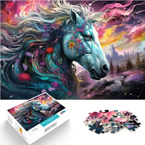 Puzzles Bunte psychedelische Pferde aus der Zukunft 1000 Teile Puzzle für Erwachsene Puzzles Holzpuzzle Weihnachtspuzzle Geschenke 1000 Stück (50x75cm)