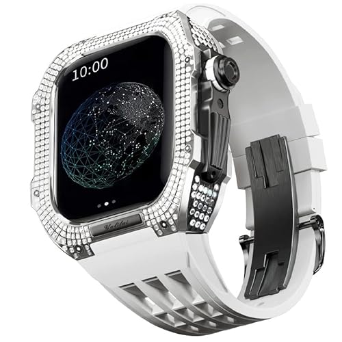 KANUZ Uhren-Modifikationsset, Luxus-Uhrenarmband-Set für Apple Watch 8 Ultra, 45 mm, luxuriöses Viton-Armband, Titangehäuse für iWatch 7, 8, 45 mm, Upgrade-Modifikation (Farbe: Weiß 8, Größe: 45 mm)