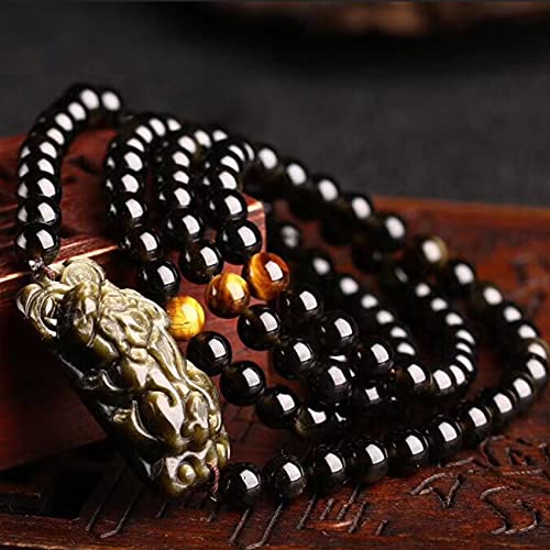 Feng Shui Pixiu Reichtum Armband Obsidian Authentischer Edelstein Gelbes Tigerauge Amulett Viel Glück Kristall Armband Mala Perlen Goldener Glanz Obsidian for Glück Geld Reichtum Wohlstand,6mm ( Size