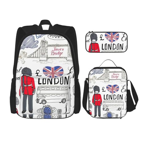 WURTON "I Love London"-Aufdruck, verstellbare Schultergurte, Rucksack-Set, Lunchtasche, Federmäppchen, Kombinationstaschen-Set, Schwarz, One Size