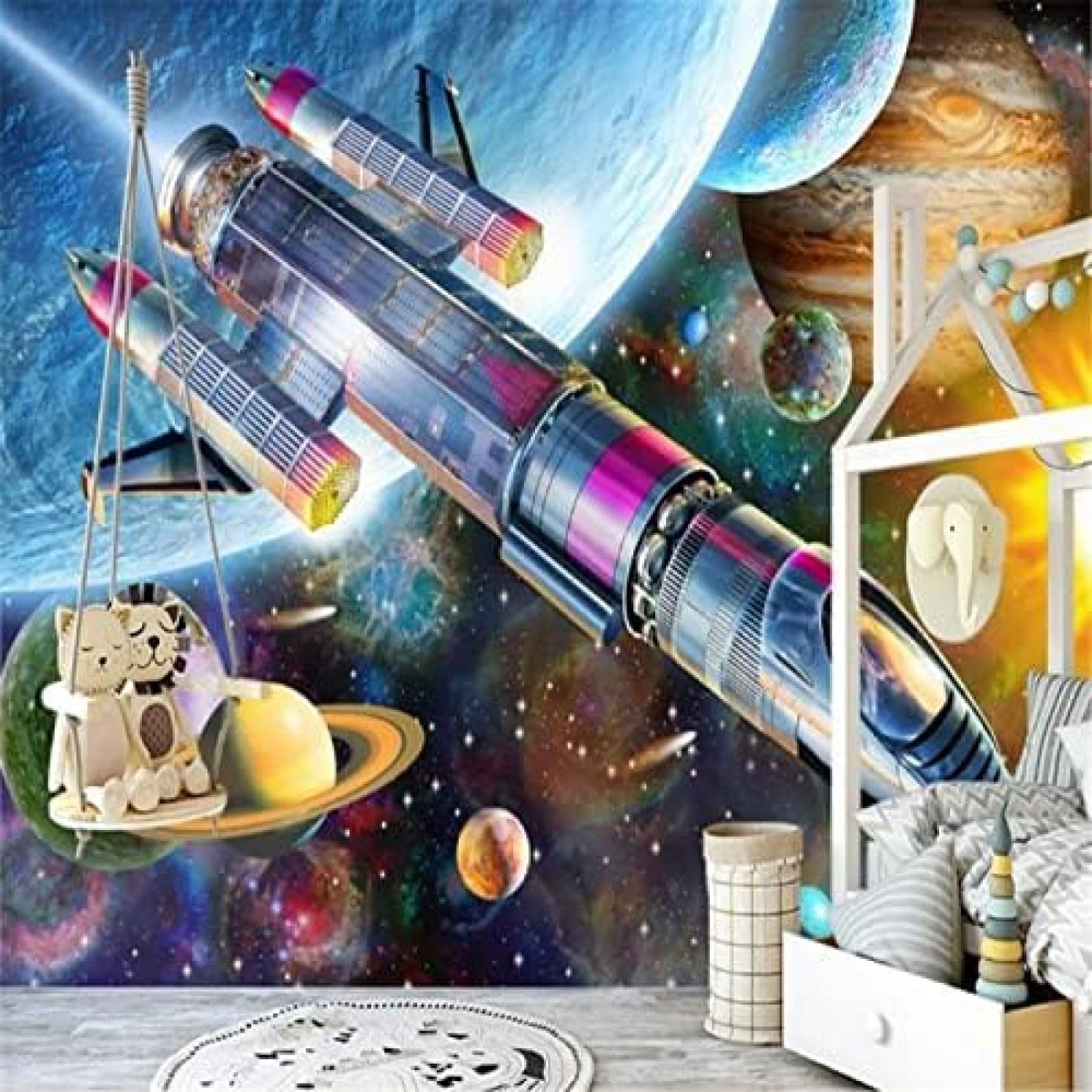 XLMING Handgemalte Cartoon Weltraum Universum Rakete Kinderzimmer 3D Tapete Wohnzimmer Sofa Schlafzimmer Esszimmer Home Dekoration Wand-250cm×170cm