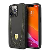 Ferrari Schutzhülle für iPhone 13 Pro in Grau mit gelber perforierter Kurve, Echtleder-Schutzhülle mit einfachem Snap-on, Stoßdämpfung & Signature Logo