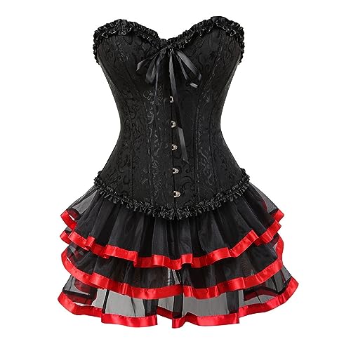 WANGTIANXUE Gothic Rock Damen Set Steampunk Rock und Korsett 2PCS Mittelalter Rock Viktorianisch Renaissance Halloween Karneval Kostüm Vintage Röcke Tutu Palast Gotischer Punk Party Outfit