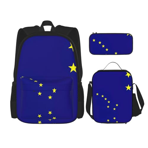 WURTON Alaska State Flag Print Lunchbox Federmäppchen Rucksack Set 3 Stück Verstellbare Träger Langlebig Leicht, Schwarz, One Size