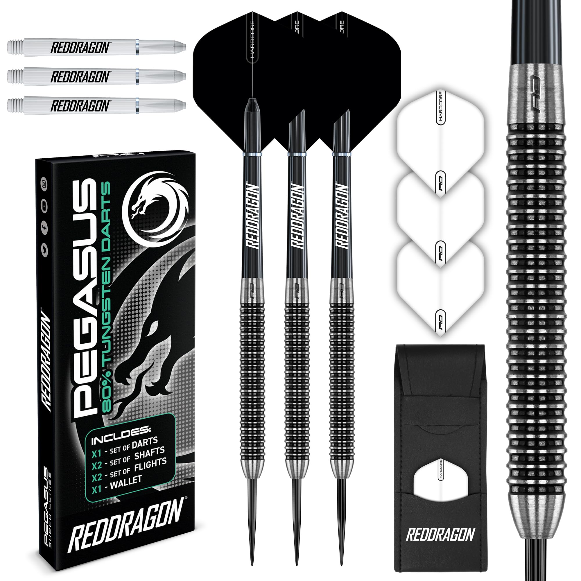 RED DRAGON Pegasus 25 Gramm-Professionelles Tungsten-Steeltip-Dart-Set mit Flights, Schäften (Shafts) und Brieftasche