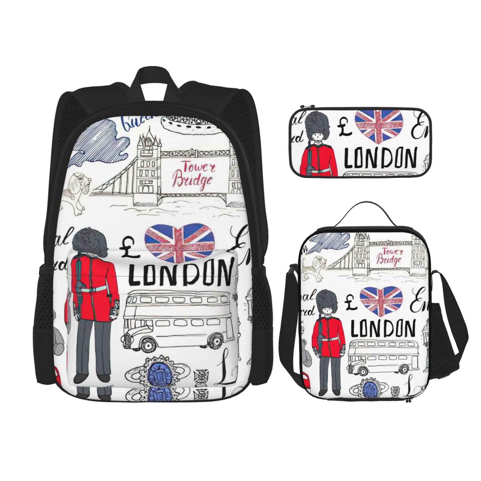 WURTON Rucksack mit Aufschrift "I Love London", bedruckt, Schultasche mit Lunchtasche, Federmäppchen, Kombination, Schultaschen-Set