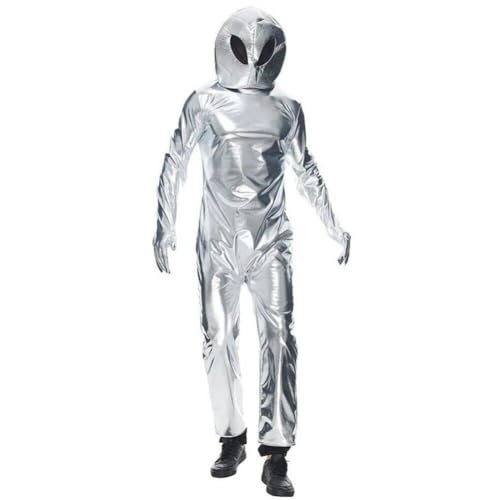 Fituenly Erwachsene Kostüm Unisex Halloween Außerirdischer Raum Metallic Bodysuit Mit Hut