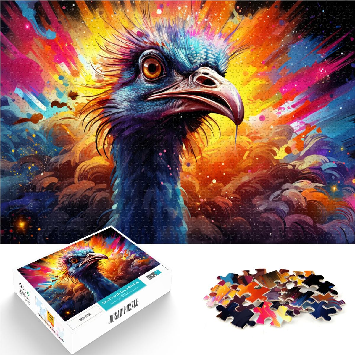 Puzzles, farbenfrohe psychedelische Straußenkunst, 1000 große Teile, Puzzle für Erwachsene, Holzpuzzle, Familienaktivität, Puzzle, Lernspiele, 1000 Teile (50 x 75 cm)