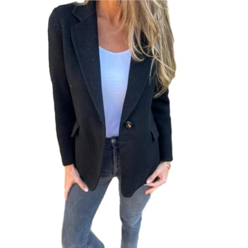 WINDEHAO Damen Revers Langarm Freizeitjacke 2024 Herbst Casual Tweed Jacken für Frauen Revers Knopf Falsche Tasche Blazer (Schwarz, M)