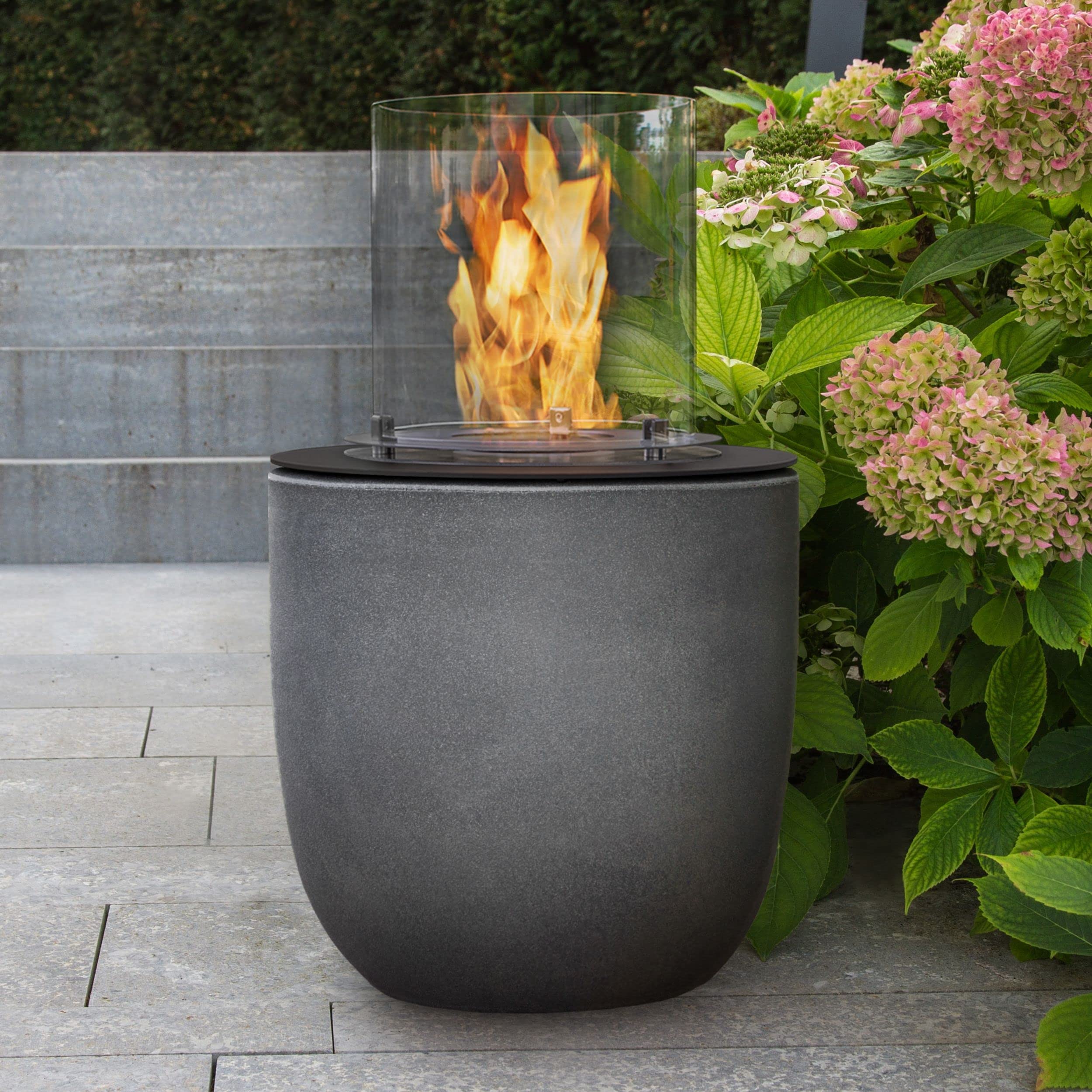 muenkel design Vigo – Beton-grau – Bio-Ethanol Feuerstelle Gartenfackel Terrassenfeuer mit Round Burner 250 Brennkammer