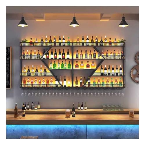 BFVAKBKYT Hängende industrielle runde Weinregale, An der Wand montiertes Weinregal mit LED-Licht, 4-stufiges multifunktionales Lagerregal for Küche, Zuhause, Bar, Café(Black,240x20x123cm)