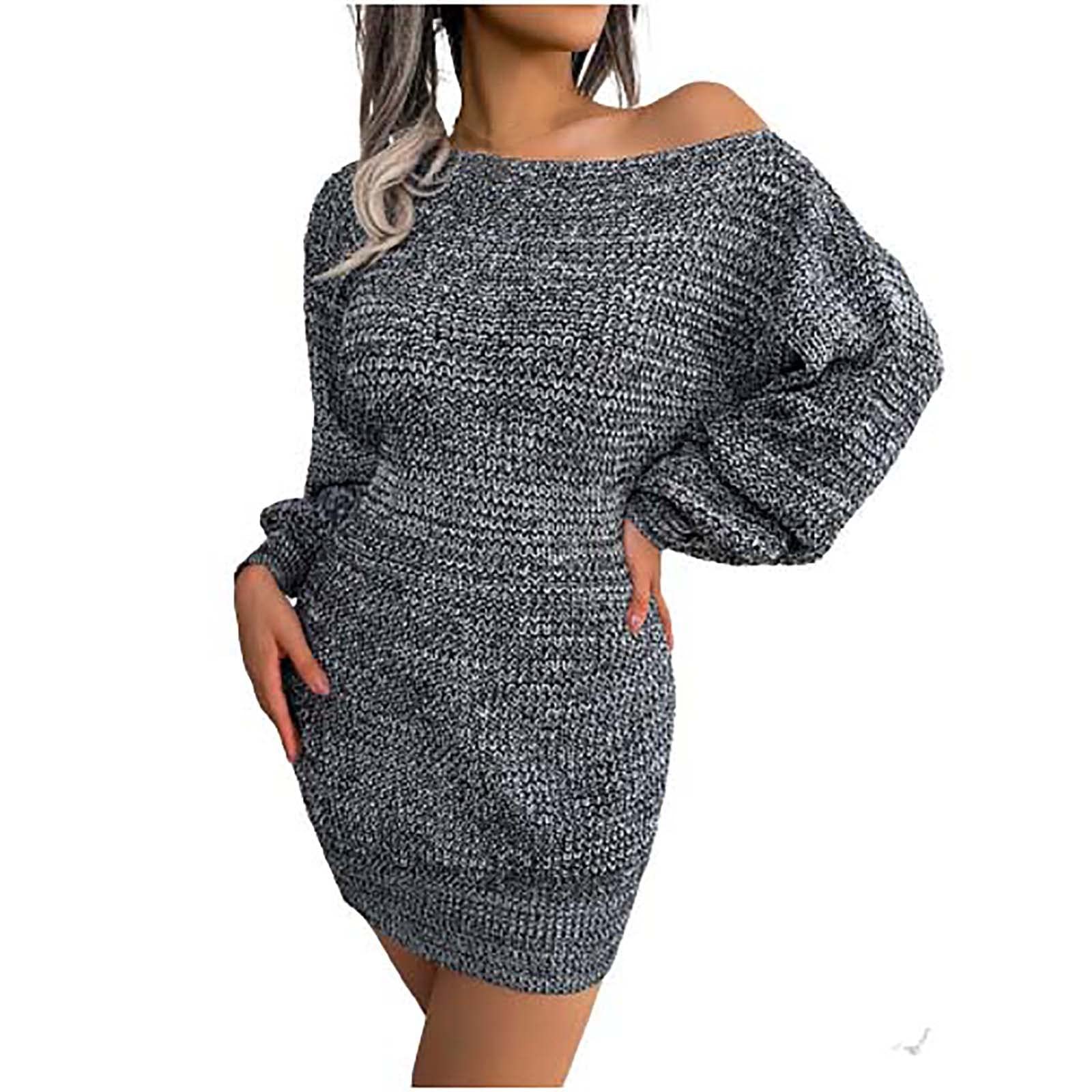 WANGTIANXUE Strickkleid Damen Casual Lange Laterne Ärmel Pullover Kleider Locker Herbst Winterkleid Sexy Mini Sweatkleid Mode Pulloverkleid Basic Freizeitkleid Klassisch Sweaterkleid