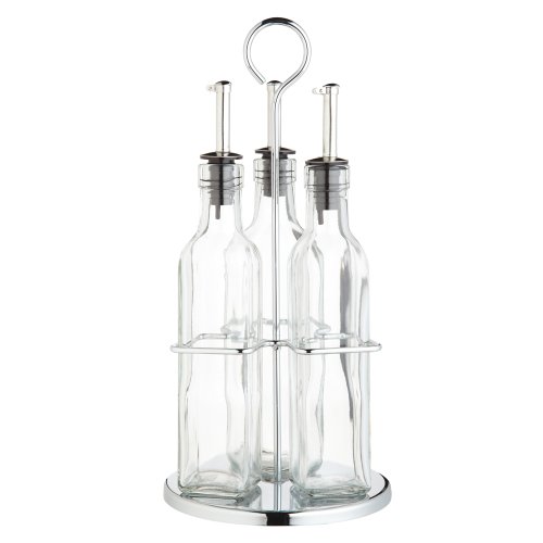 KitchenCraft World of Flavours, Öl- und Essigflaschen-Set mit Edelstahlgestell und abnehmbarem Korken, Ölspender, Olivenölflasche und Essigflasche aus Glas, 4er-Set