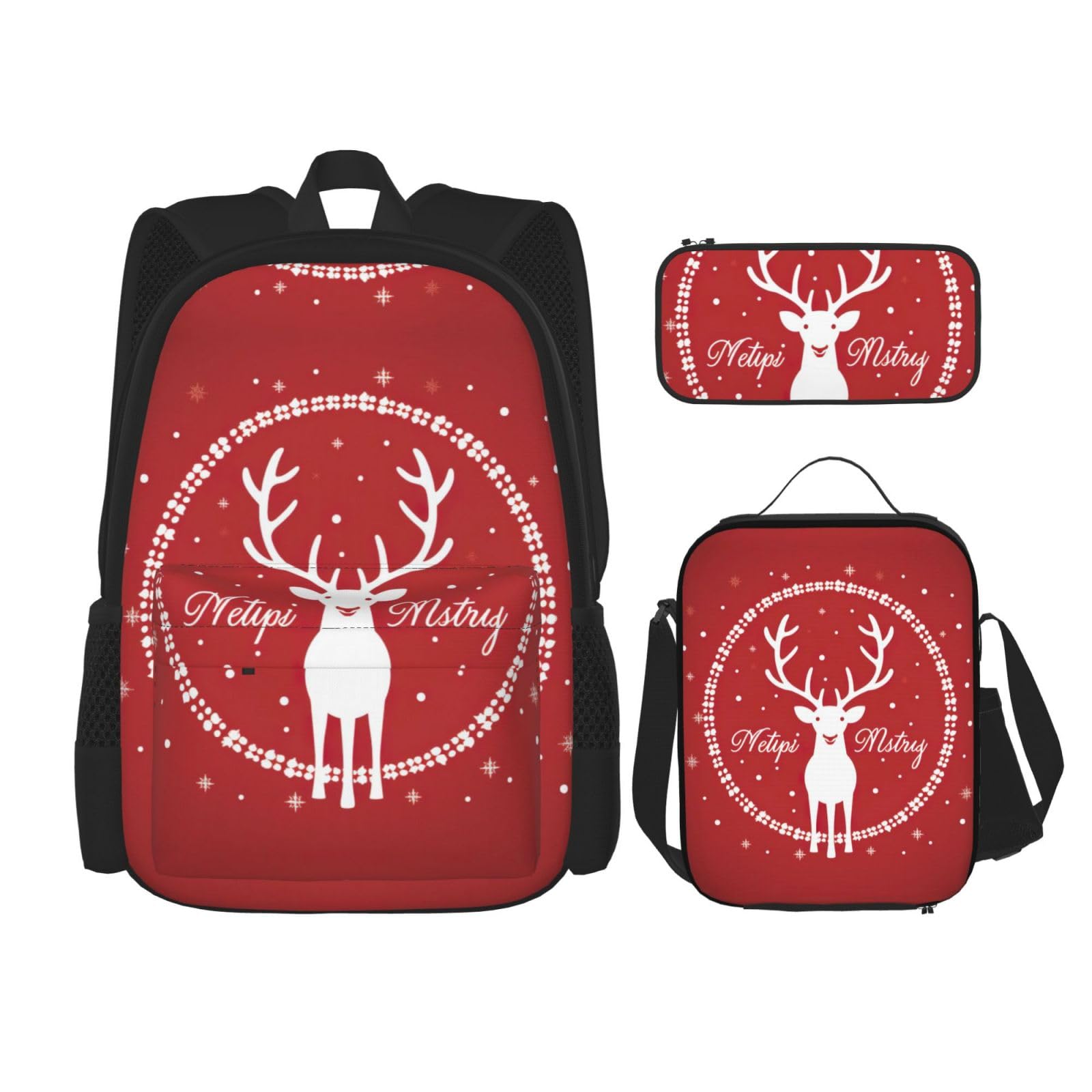 WURTON Weihnachten Hirsch Druck Reise Lunchbox Federmäppchen Rucksack Set 3 Stück Verstellbare Träger Leicht, Schwarz, Einheitsgröße