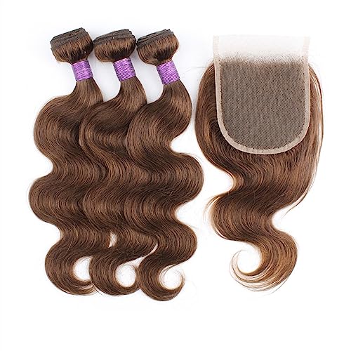 Human Hair Bundles Braunes, gewelltes Echthaar, 3 Bündel mit Verschluss, transparente Spitze, brasilianisches Remy-Haar, braunes Echthaar, gewellt, 3 Bündel mit Verschluss human hair weave (Color : 4