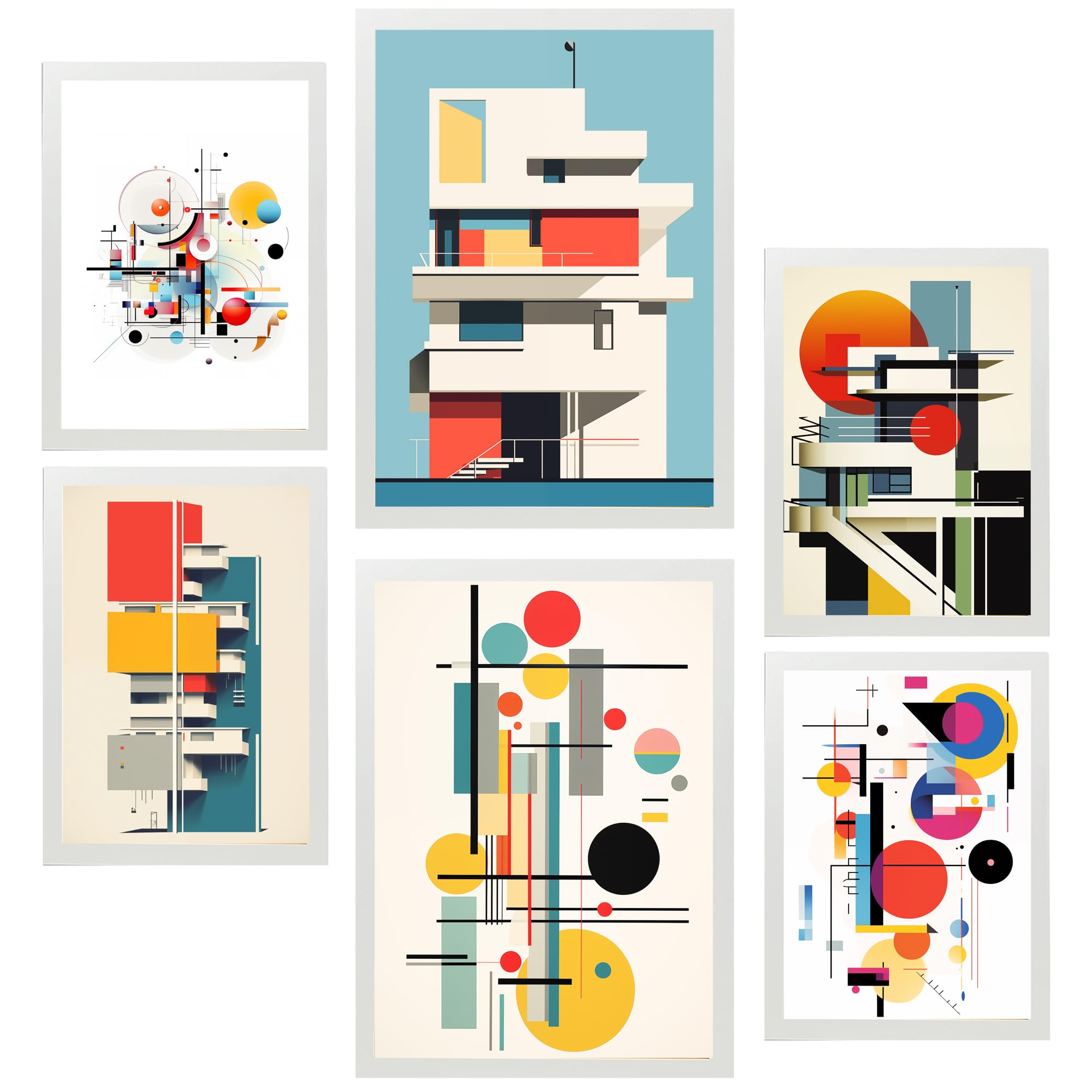 Nacnic 6er-Set Bauhaus Dekonstruierte Architektur Gerahmtes Poster mit Design-Illustrationen zur Dekoration der Wände Ihres Zuhause Zimmer Büro Laden Malerei im A3 & A4 Weißer Rahmen