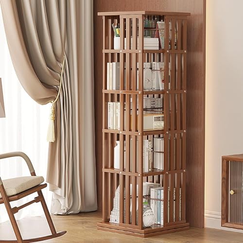 Bambus-Bücherregal, um 360° drehbares Bücherregal, Boden-Bücherregal, offenes Design, drehbares Bücherregal-Aufbewahrungsregal, für Home-Office-Dekor, braune Farbe, 5 Etagen