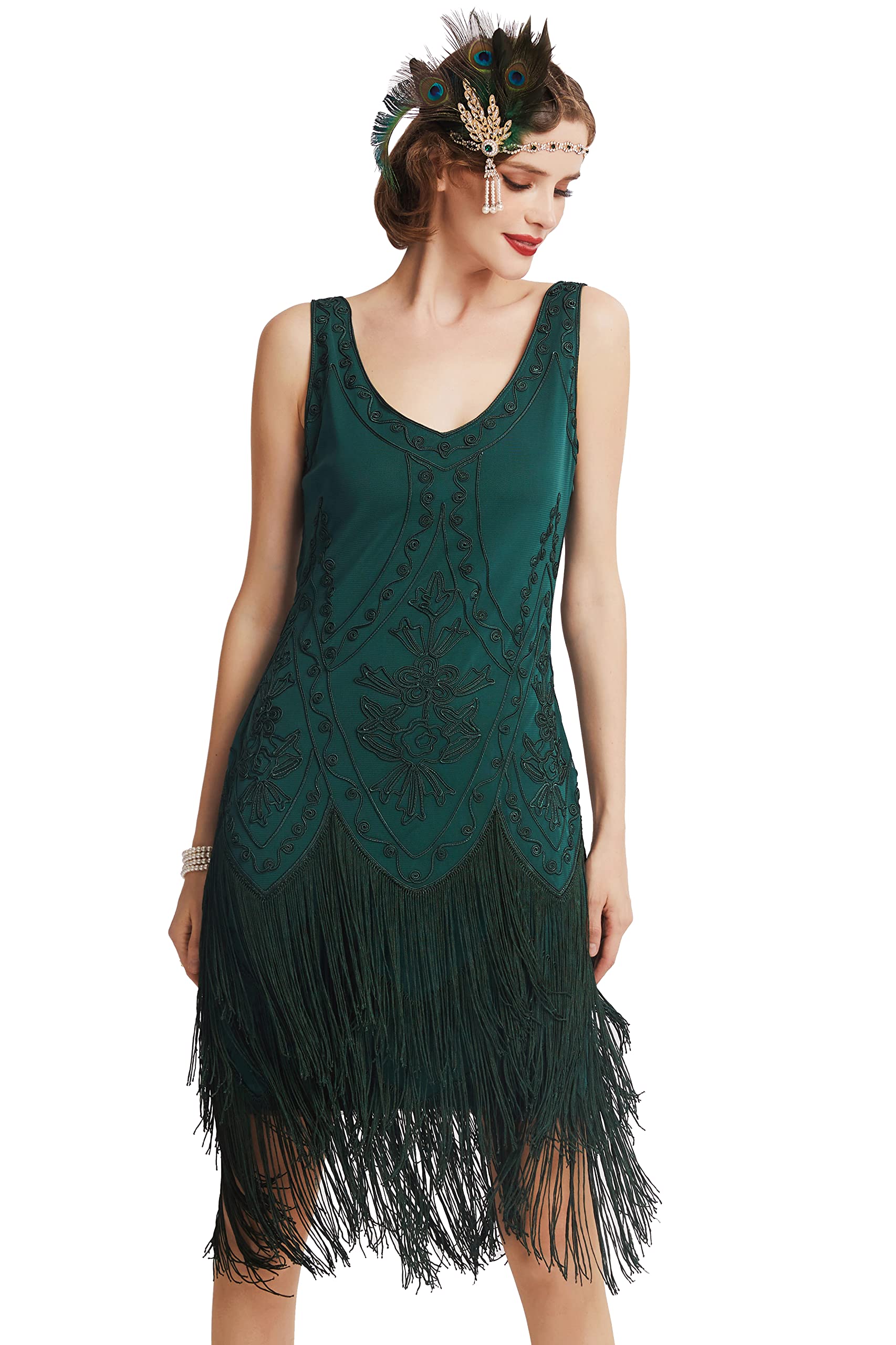 BABEYOND Damen Flapper Kleider 1920er Jahre V Ausschnitt Perlen Fransen Great Gatsby Kleid, grün, Small