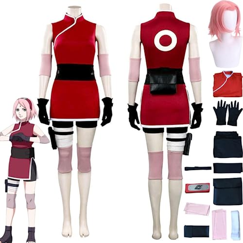 JGZGCG Anime Charakter Haruno Sakura Cosplay Kostüm Outfit Rolle spielen Rot Uniform Full Set Halloween Carnival Party Anzug mit Perücke