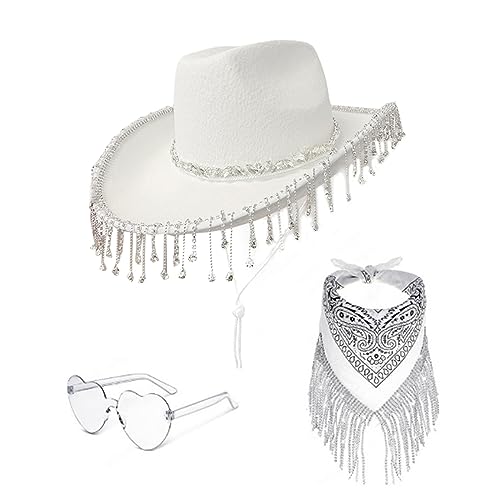 MEELYHOME Halloween Cowboyhut für Damen Herren Westernhut Kopftuch Schal Herz Sonnenbrille Junggesellinnenabschied Kostüm Zubehör Kostüm Zubehör Set