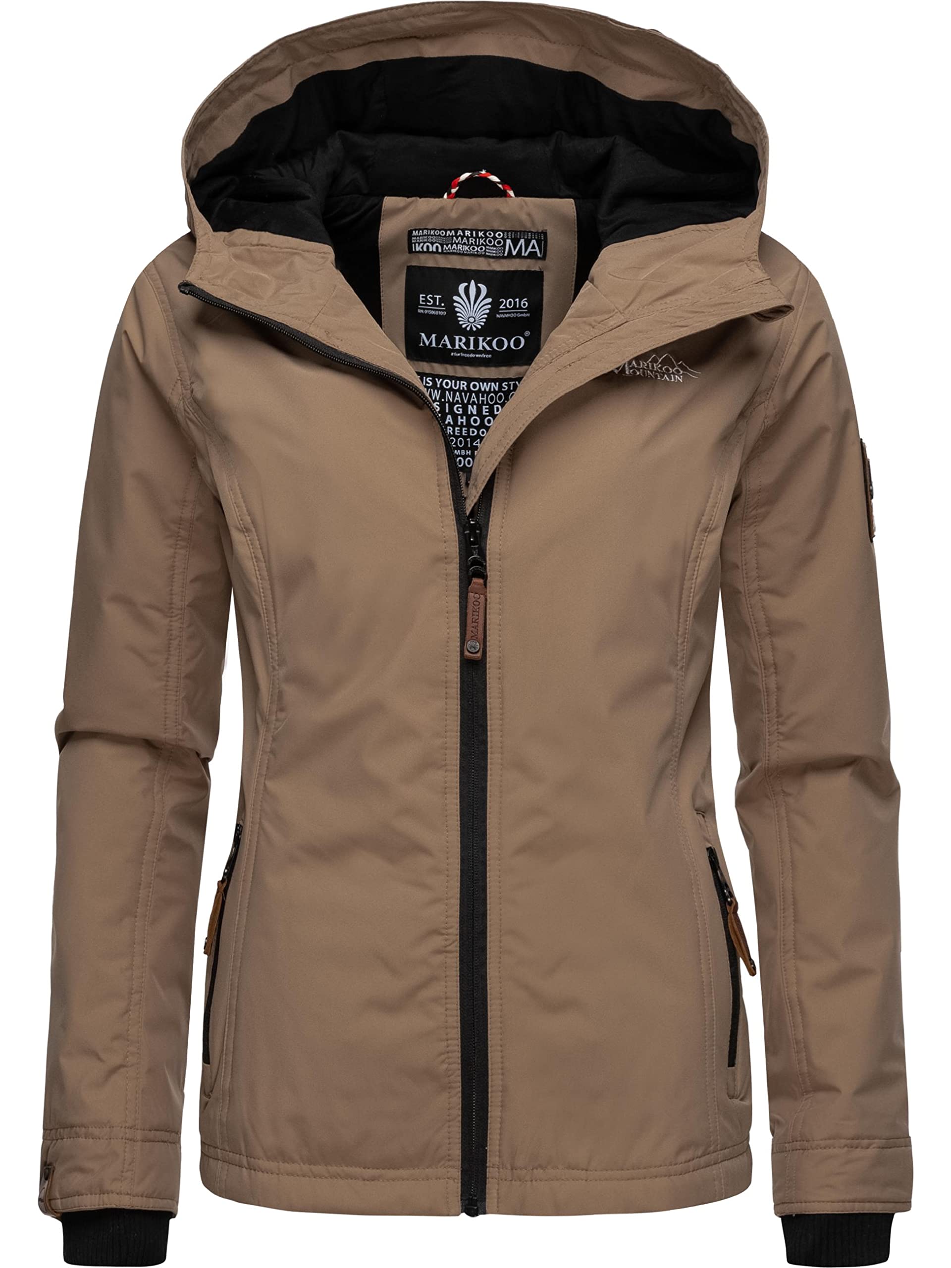 MARIKOO leicht gefütterte Damen Übergangsjacke kurz Outdoor-Jacke mit Jersey-Innenfutter und großer Kapuze Brombeere Taupe Gr. XS