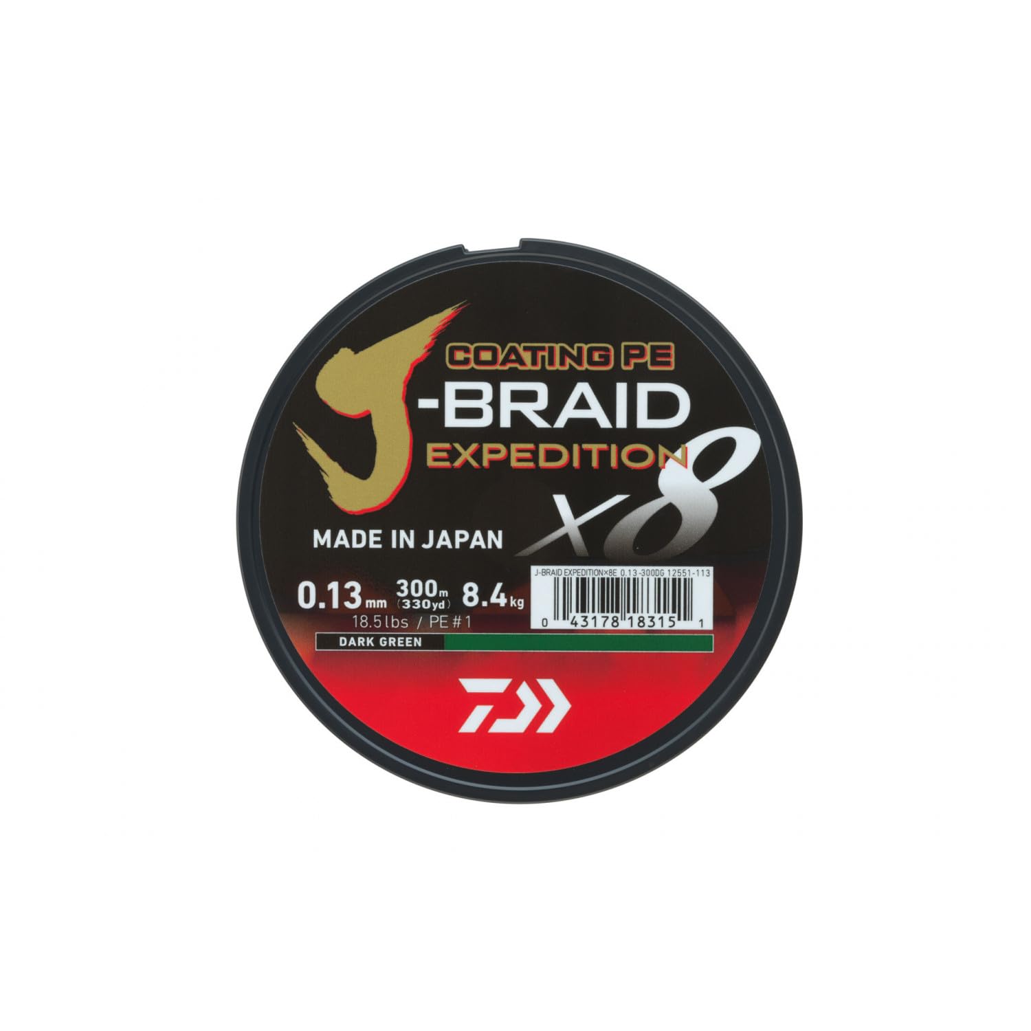 DAIWA J-Braid Expedition X8E, 0,13mm, 8,4kg/18,5lbs, 150m, Dark Green/Dunkelgrün, Geflochtene Angelschnur, 12551-013