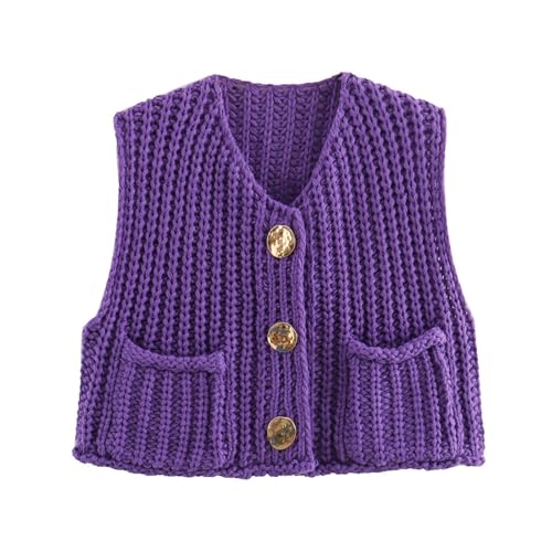 Sweater Vests Women 2024, Women's Button Front V Neck Sleeveless Crochet Solid Checkered Knit Sweater Vest with Pockets (Purple,X-Small)